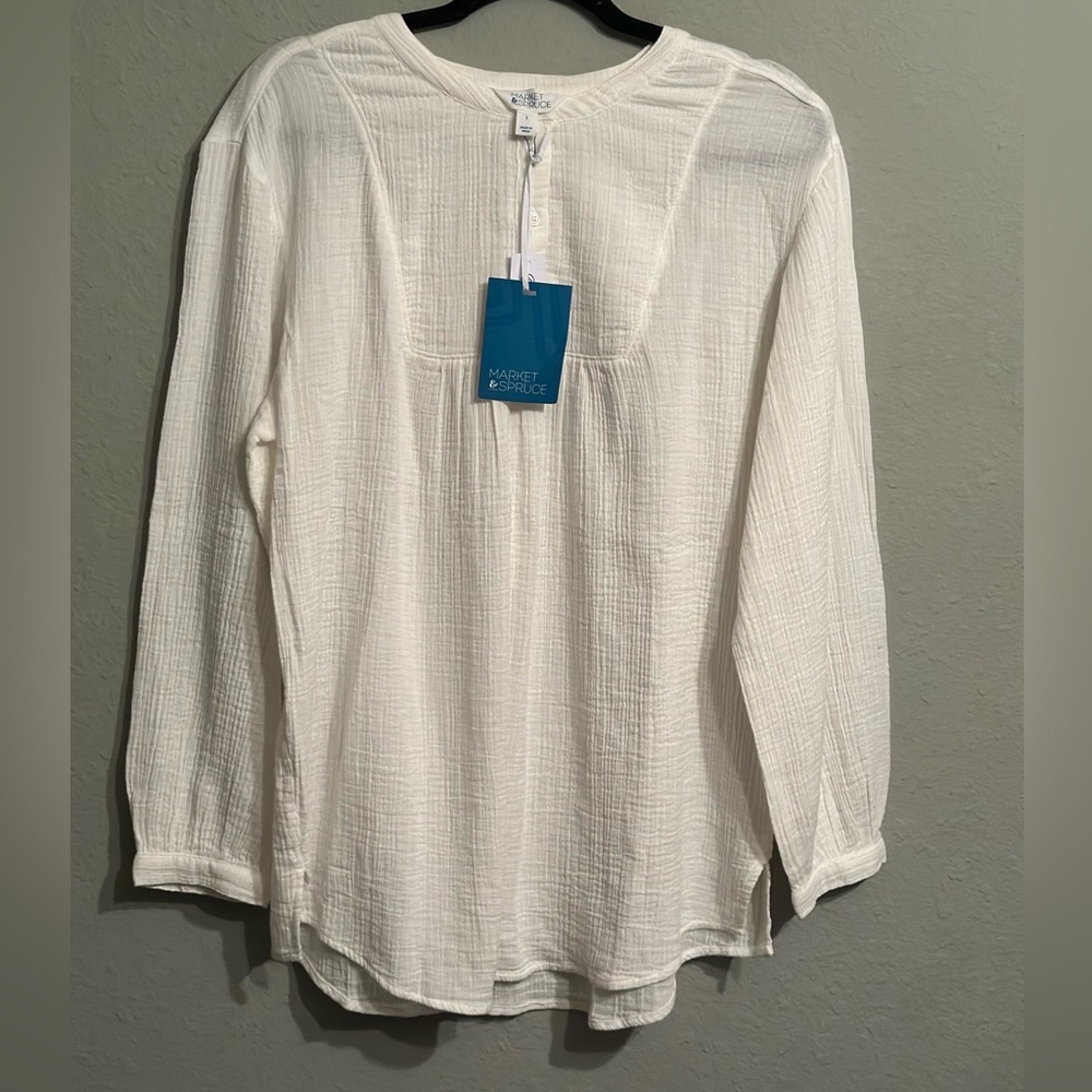 NWT Market & Spruce
Long Sleeved Bib Detail Cotton gauze Tunic Top
White